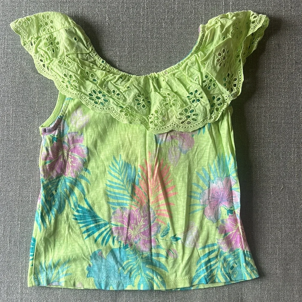 Justice Girls Lime Green Tropical Print Button Front Tank Top Size S
